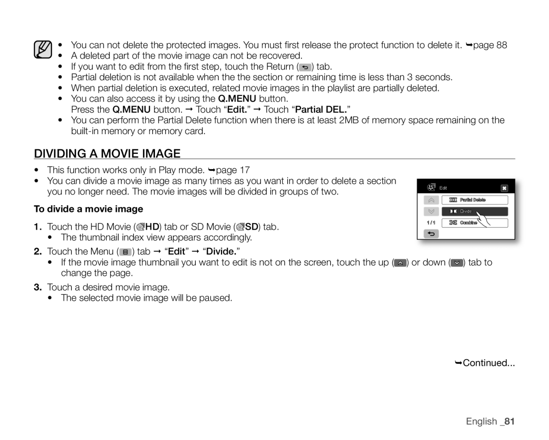 Samsung SC-HMX20C user manual Dividing a Movie Image, Or down tab to 