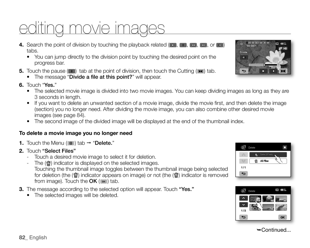 Samsung SC-HMX20C user manual Tabs, To delete a movie image you no longer need 