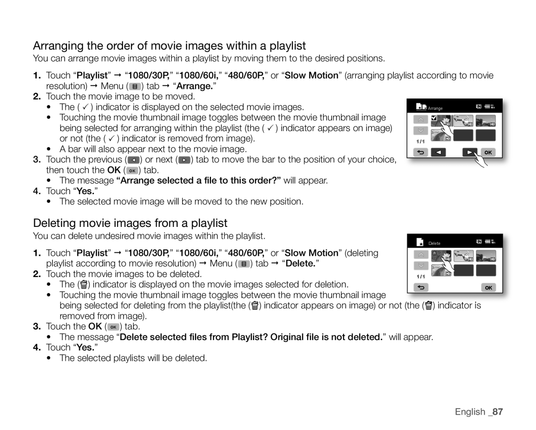 Samsung SC-HMX20C user manual Arranging the order of movie images within a playlist, Deleting movie images from a playlist 