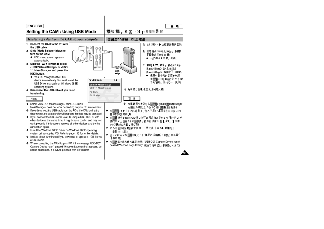 Samsung SC-M105S manual Setting the CAM Using USB Mode, Trnsferring Files from the CAM to your computer 