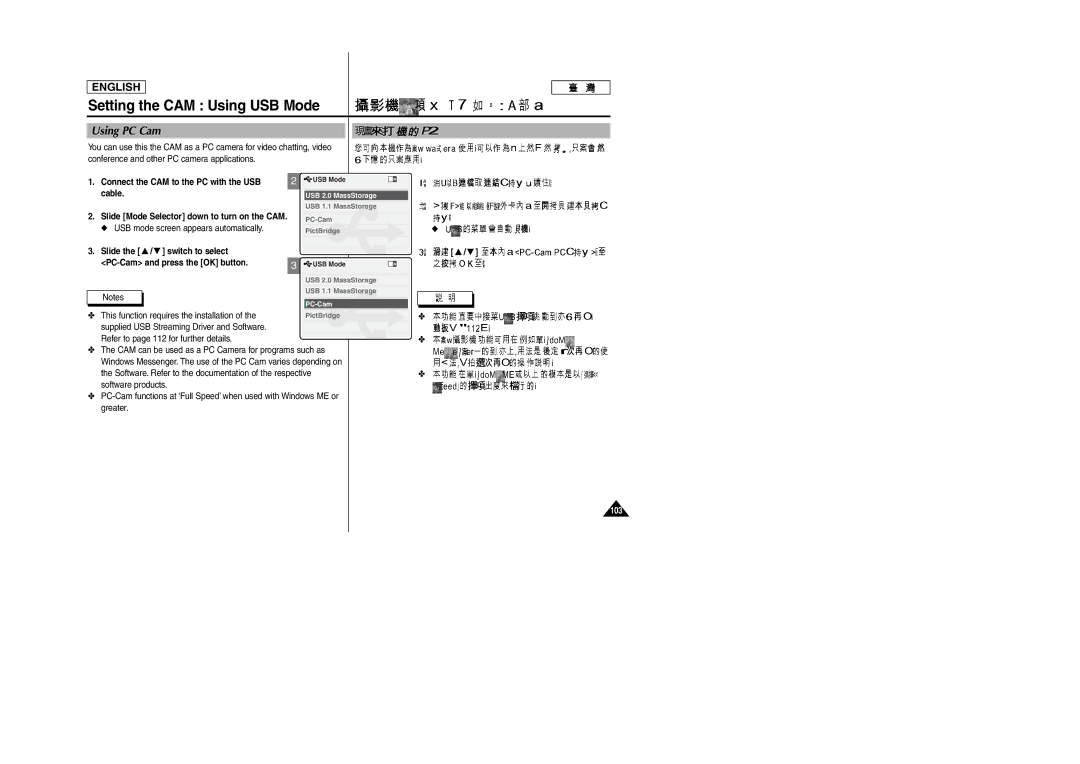 Samsung SC-M105S manual Using PC Cam, Connect the CAM to the PC with the USB, USB mode screen appears automatically 