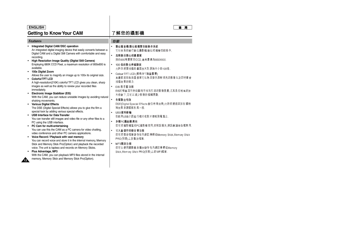 Samsung SC-M105S manual Getting to Know Your CAM, Features 