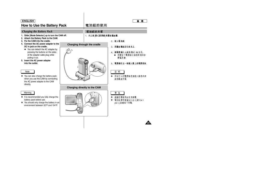 Samsung SC-M105S manual Charging the Battery Pack, DC In jack on the cradle, Insert the AC power adapter into the outlet 