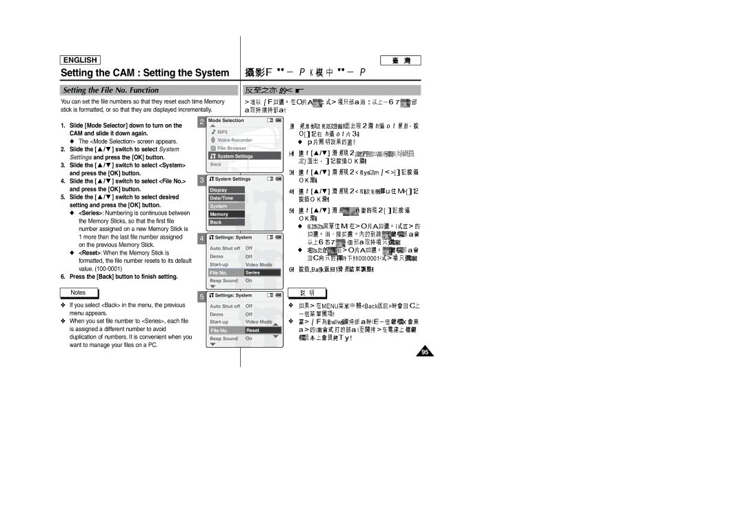 Samsung SC-M105S manual Setting the File No. Function 