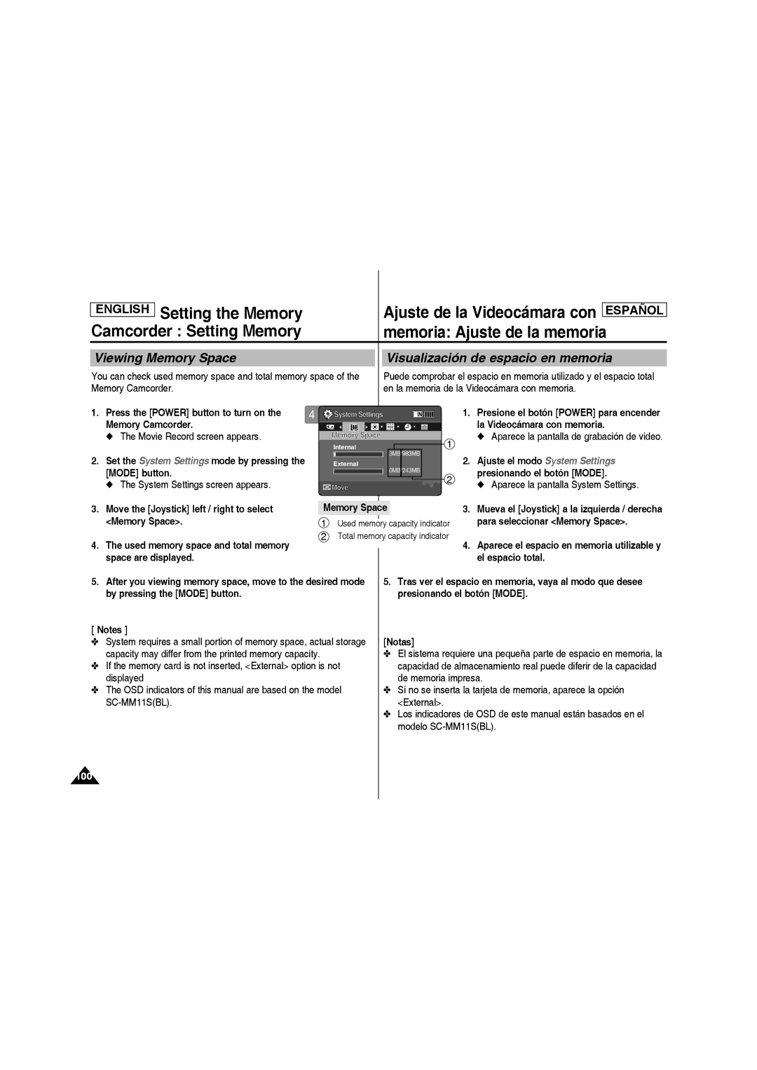 Samsung SC-MM10S manual Viewing Memory Space Visualización de espacio en memoria, System Settings screen appears 