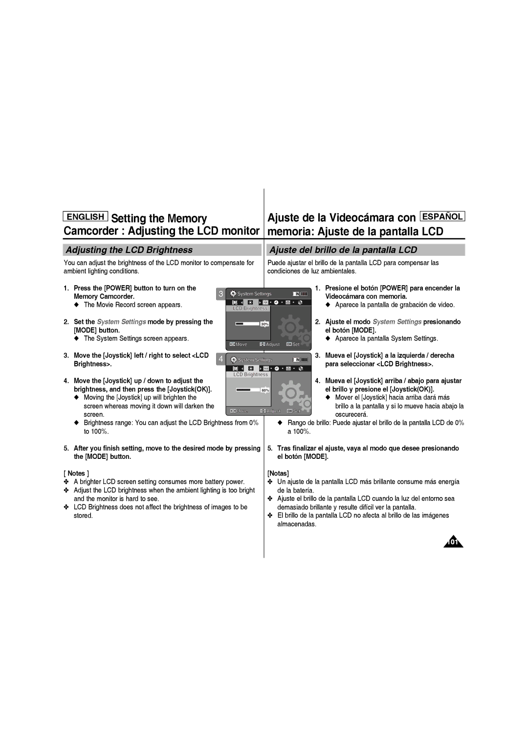 Samsung SC-MM10S Memoria Ajuste de la pantalla LCD, Adjusting the LCD Brightness, Ajuste del brillo de la pantalla LCD 