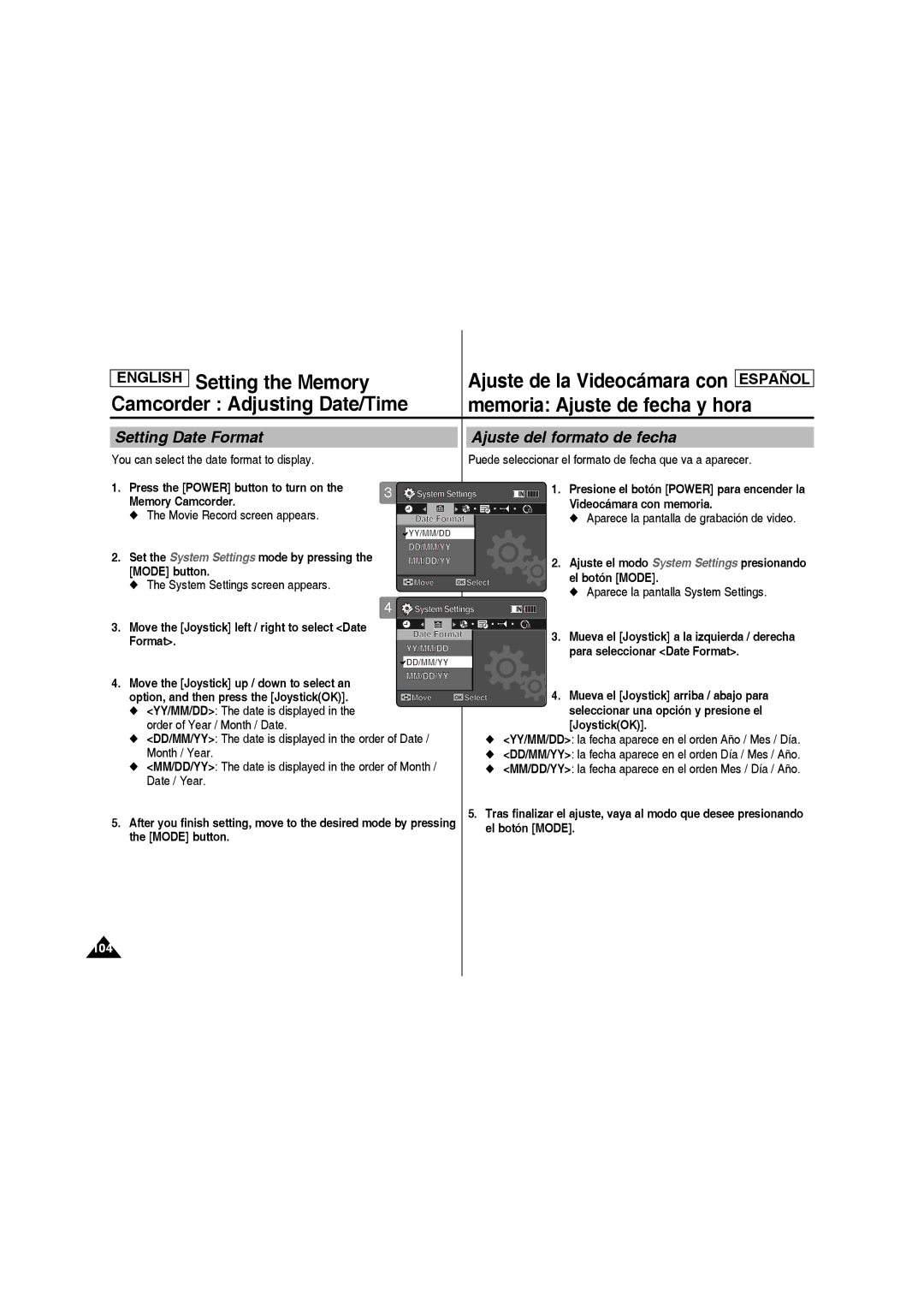 Samsung SC-MM10S Setting Date Format Ajuste del formato de fecha, Move the Joystick left / right to select Date Format 