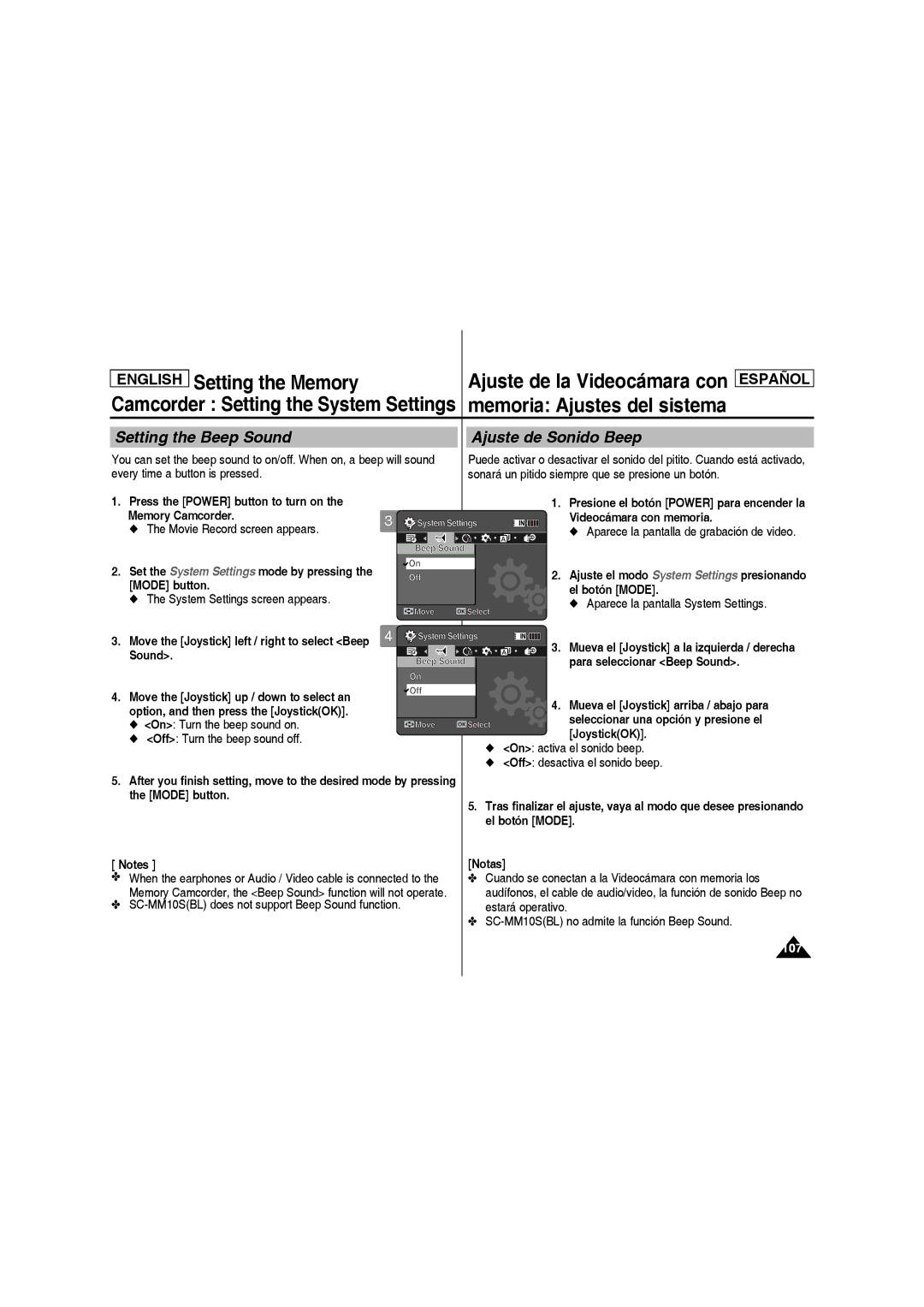 Samsung SC-MM10S manual Setting the Beep Sound, Ajuste de Sonido Beep 