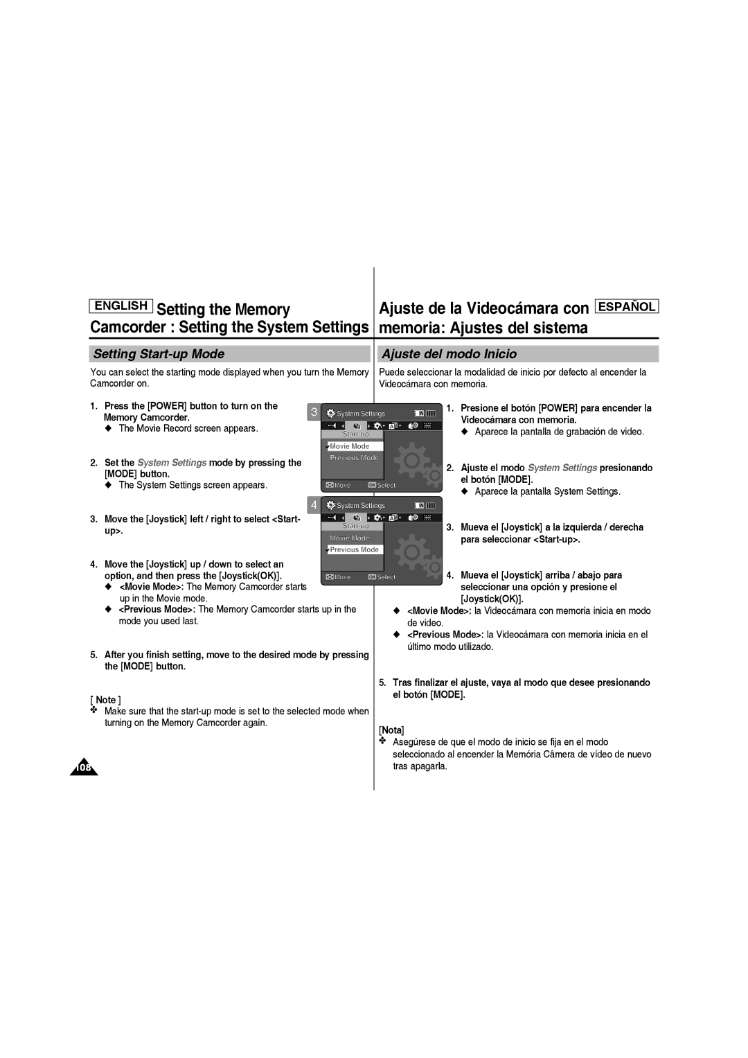 Samsung SC-MM10S manual Setting Start-up Mode Ajuste del modo Inicio, Para seleccionar Start-up 