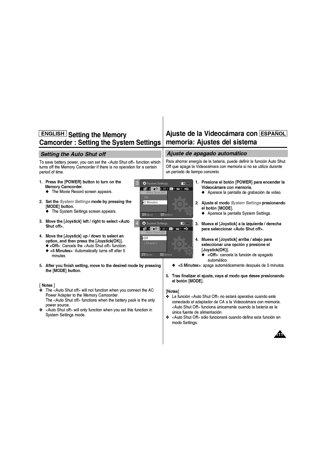 Samsung SC-MM10S manual Setting the Auto Shut off, Ajuste de apagado automático 