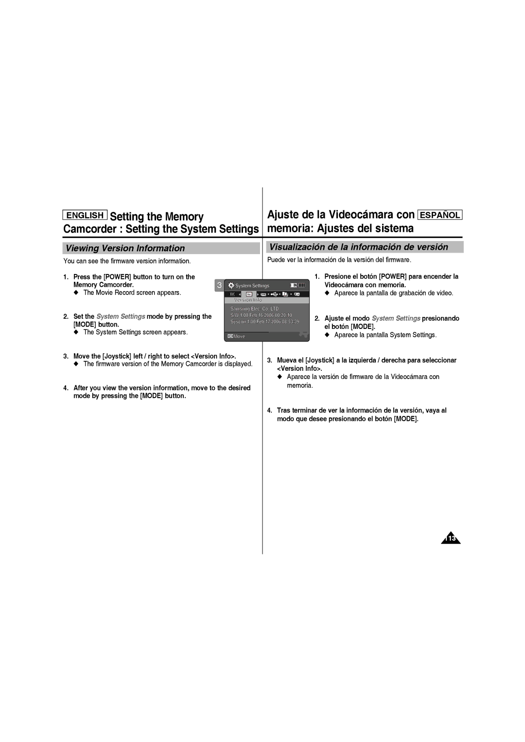 Samsung SC-MM10S manual You can see the firmware version information, Move the Joystick left / right to select Version Info 