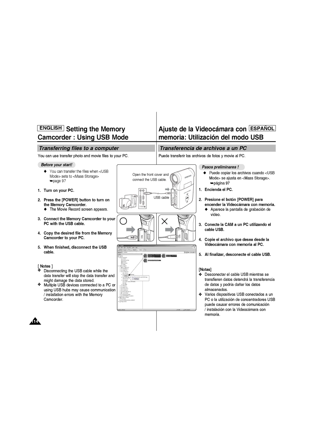 Samsung SC-MM10S manual Camcorder Using USB Mode Memoria Utilización del modo USB 