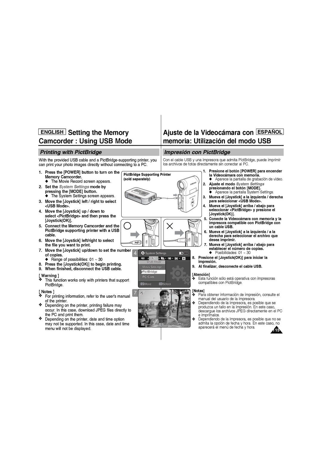 Samsung SC-MM10S manual Printing with PictBridge Impresión con PictBridge, Range of possibilities 01 ~ 