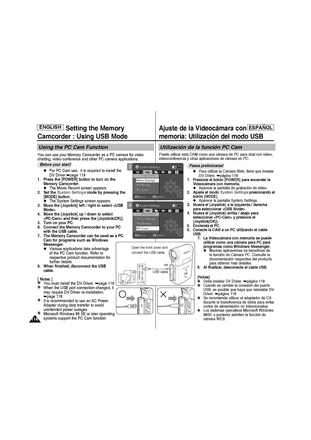 Samsung SC-MM10S manual Using the PC Cam Function Utilización de la función PC Cam, Systems support the PC Cam function 