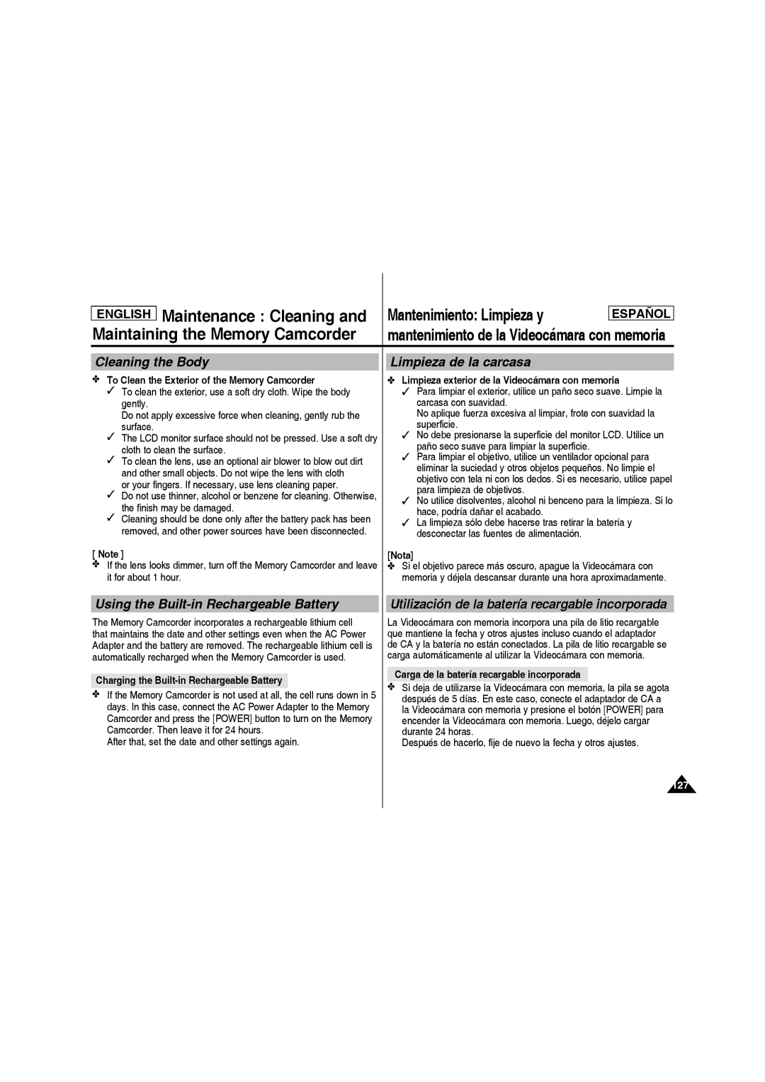 Samsung SC-MM10S manual Cleaning the Body, Limpieza de la carcasa, Using the Built-in Rechargeable Battery 