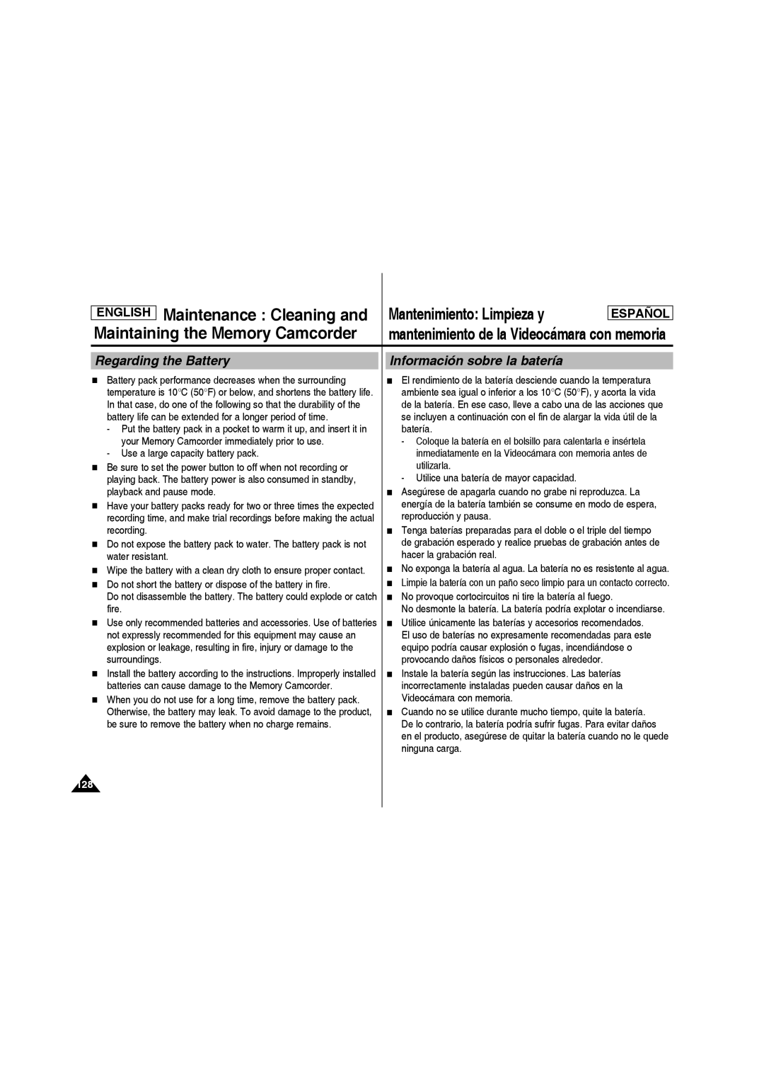 Samsung SC-MM10S manual Regarding the Battery, Información sobre la batería 