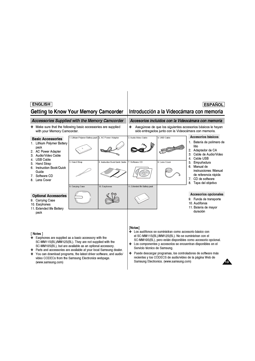 Samsung SC-MM10S manual Accesorios básicos, Accesorios opcionales, Notas 