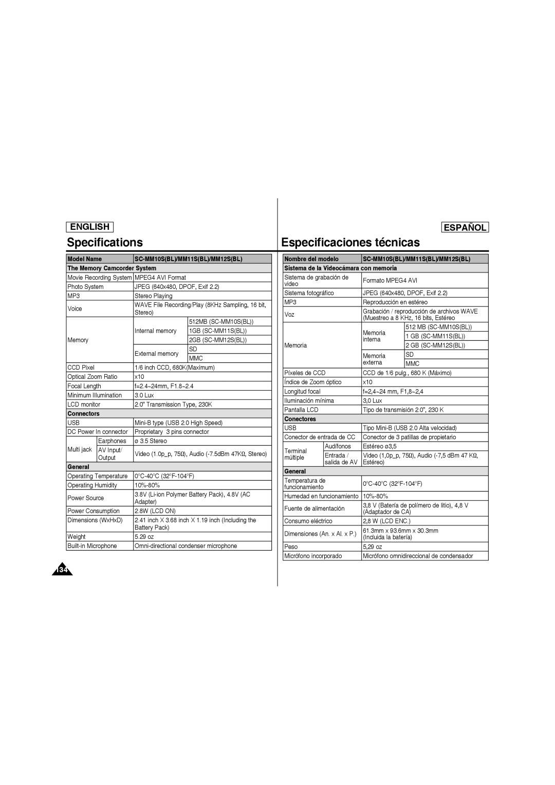 Samsung SC-MM10S manual Specifications Especificaciones técnicas 