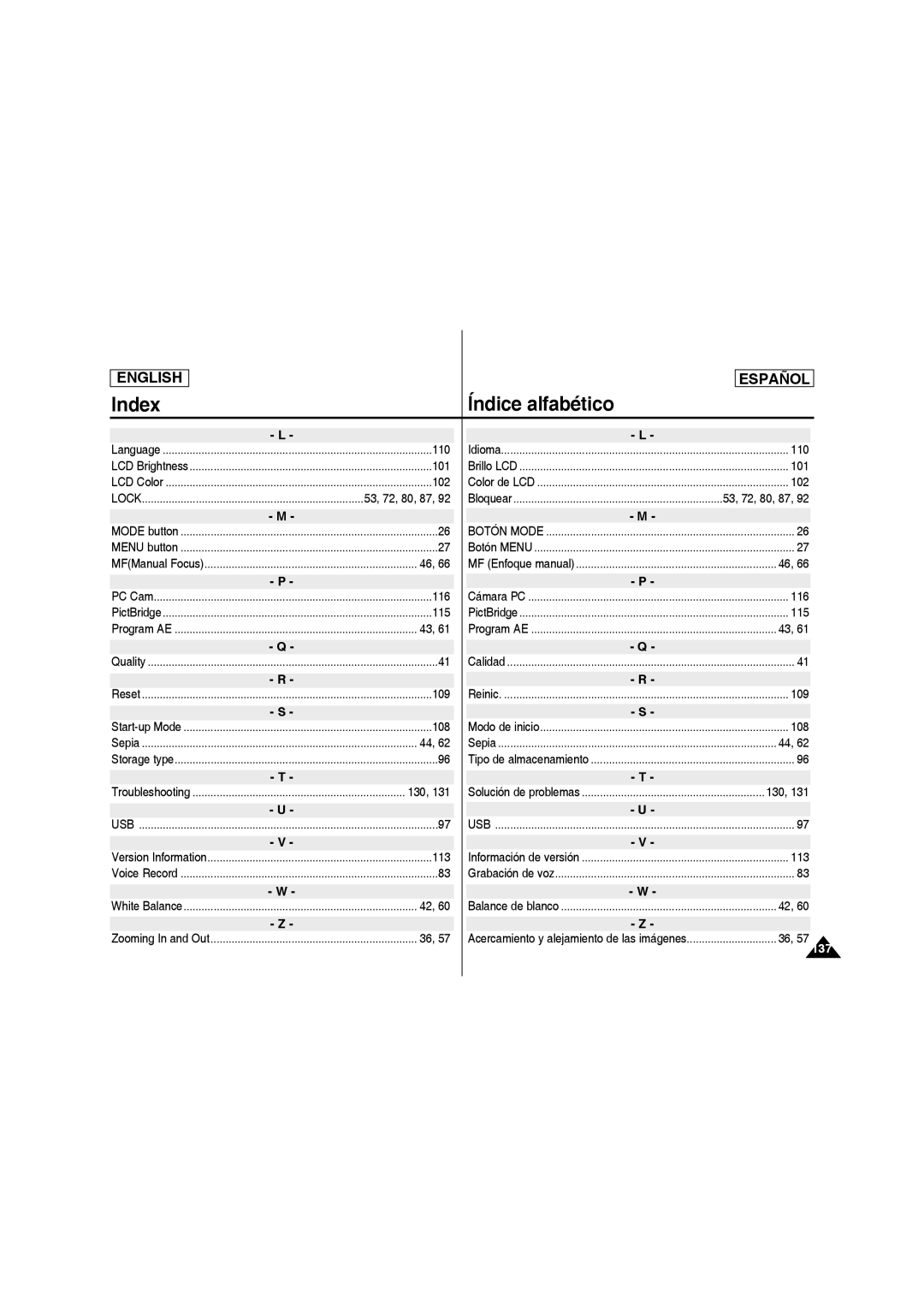 Samsung SC-MM10S manual Index Índice alfabético, 36, 57, 53, 72, 80, 87 