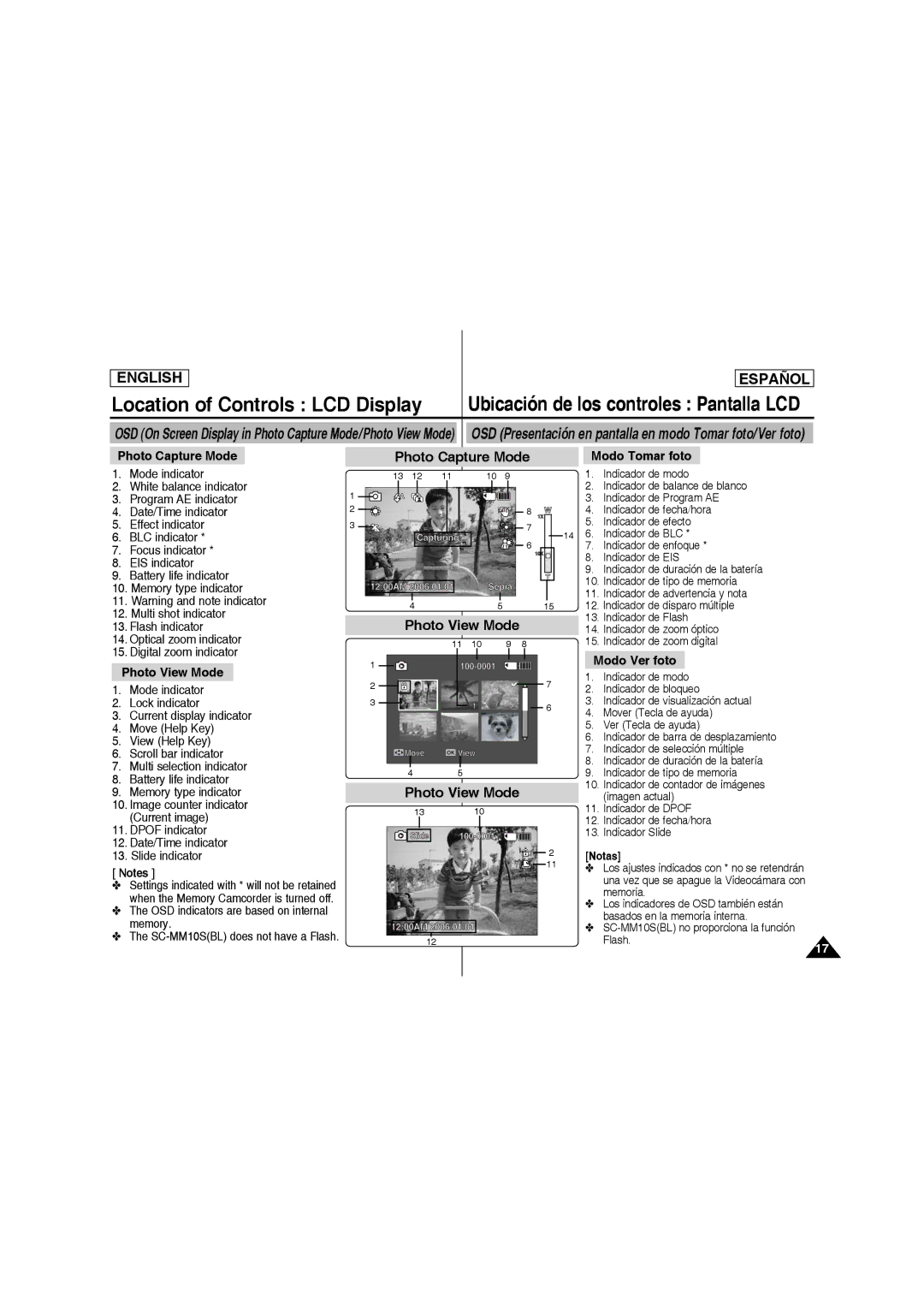 Samsung SC-MM10S manual Photo Capture Mode, Photo View Mode, Modo Tomar foto, Modo Ver foto, Notas 