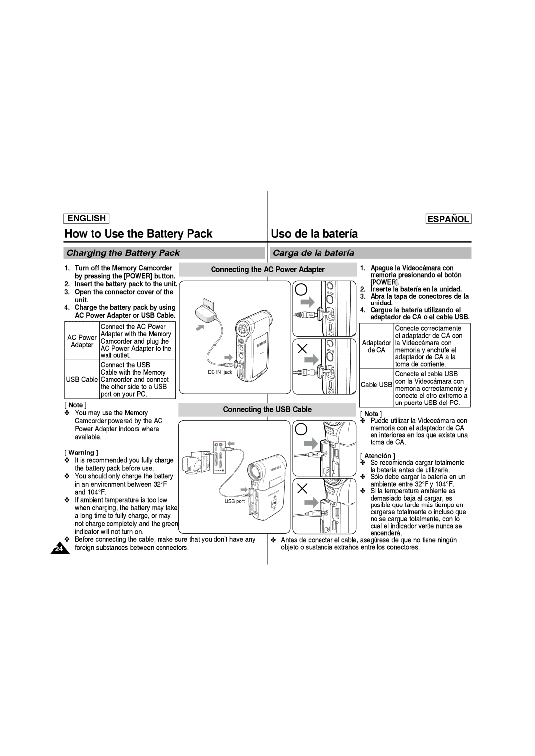 Samsung SC-MM10S manual How to Use the Battery Pack, Charging the Battery Pack Carga de la batería 