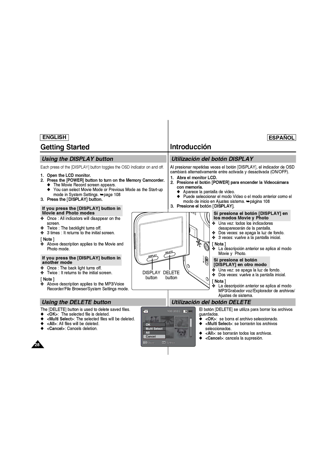 Samsung SC-MM10S manual Using the Display button Utilización del botón Display, Open the LCD monitor, Movie y Photo 