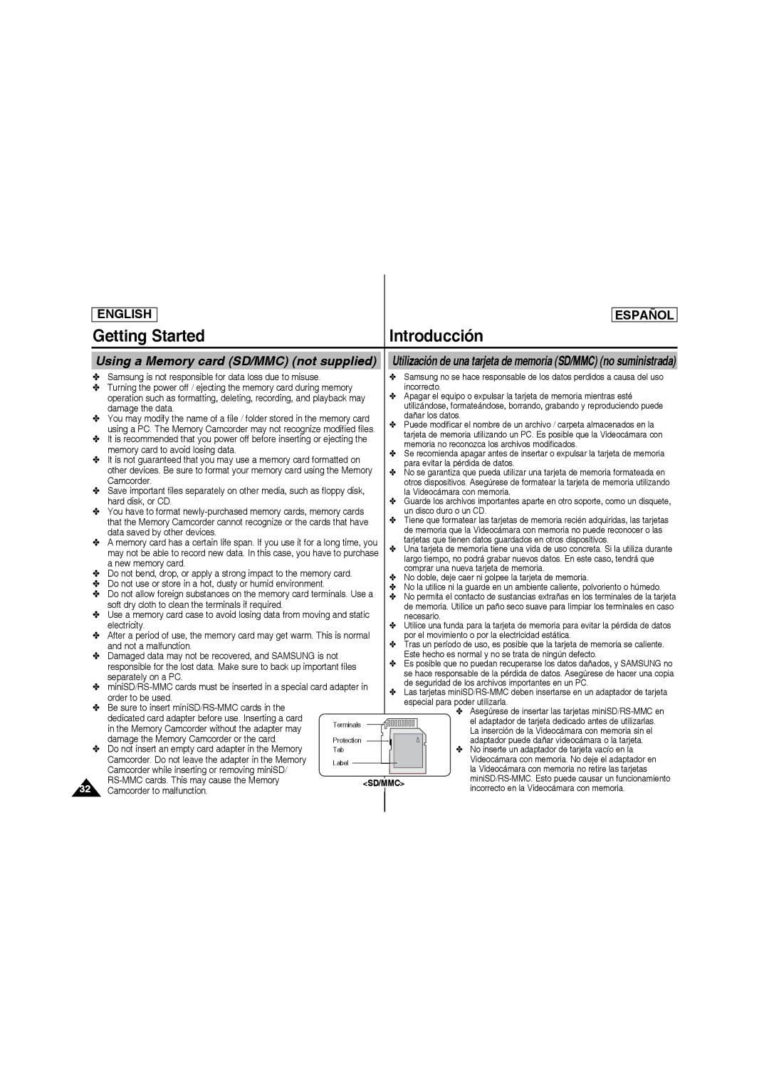 Samsung SC-MM10S manual Using a Memory card SD/MMC not supplied 