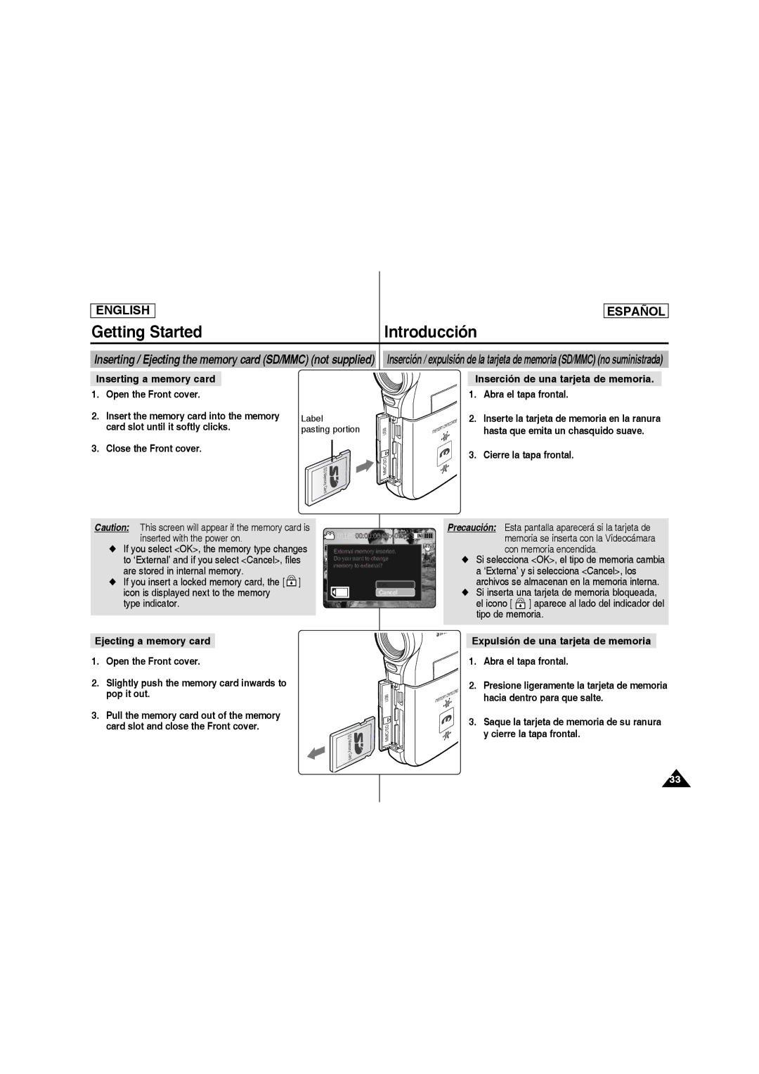 Samsung SC-MM10S manual Inserting a memory card Open the Front cover, Close the Front cover, Cierre la tapa frontal 