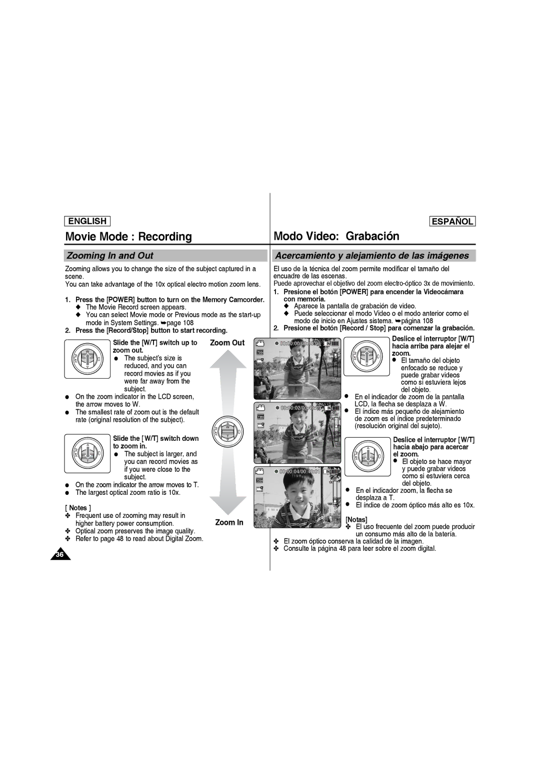 Samsung SC-MM10S manual Con memoria, Press the Record/Stop button to start recording, Zoom out, To zoom, El zoom 