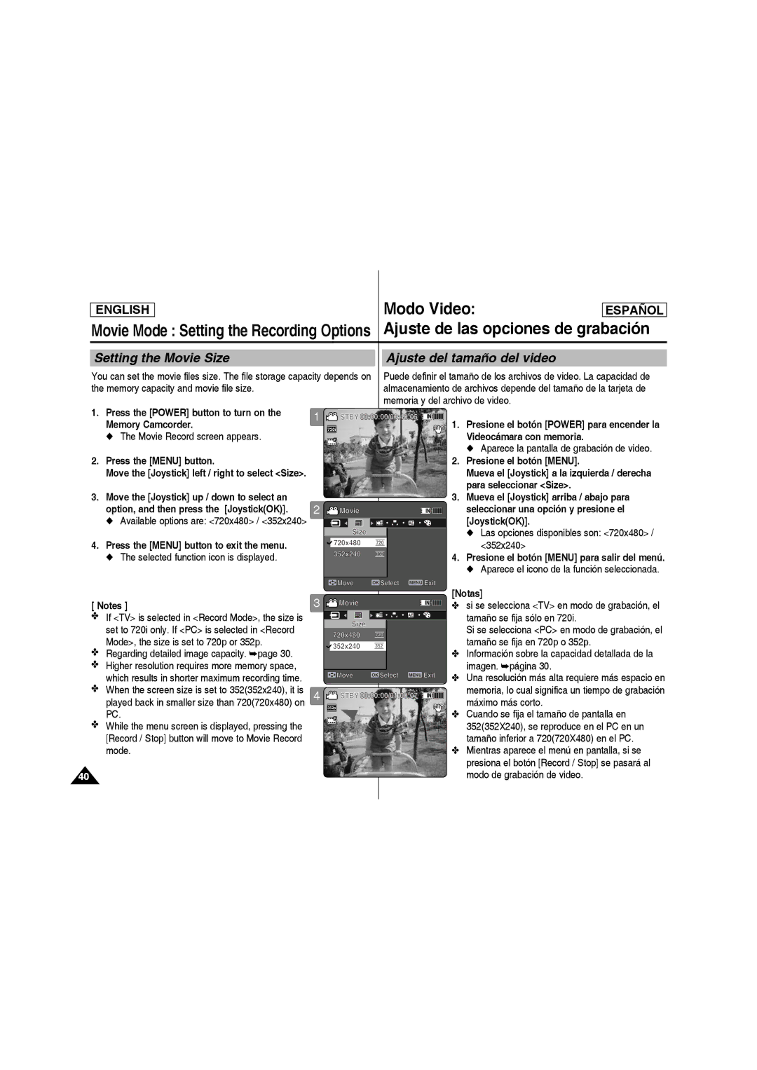 Samsung SC-MM10S manual Modo Video, Setting the Movie Size Ajuste del tamaño del video 