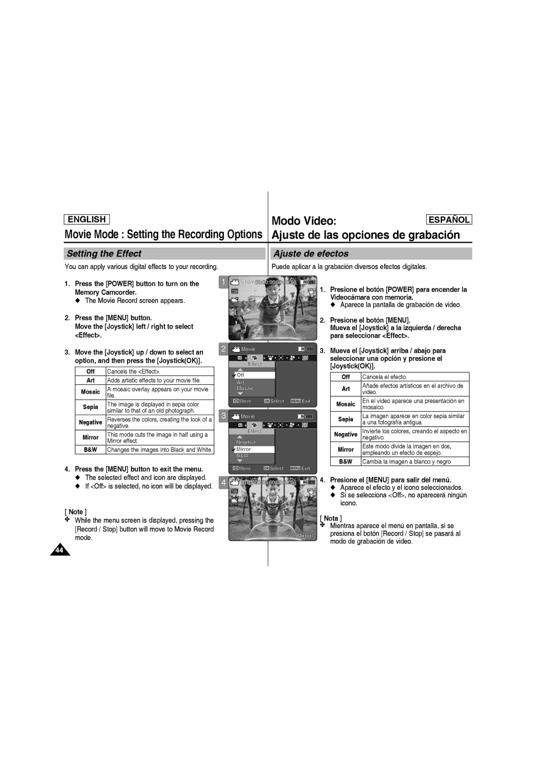 Samsung SC-MM10S manual Setting the Effect Ajuste de efectos, Press the Menu button, Nota, Modo de grabación de video 