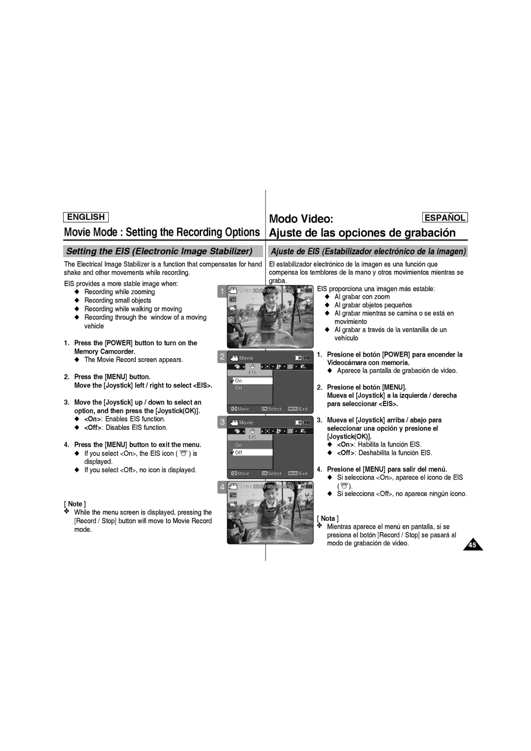 Samsung SC-MM10S manual Press the Power button to turn on, Move the Joystick up / down to select an, Para seleccionar EIS 