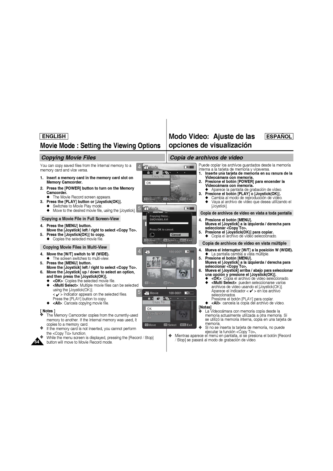 Samsung SC-MM10S manual Copying Movie Files Copia de archivos de video, Copying a Movie File in Full Screen-View 