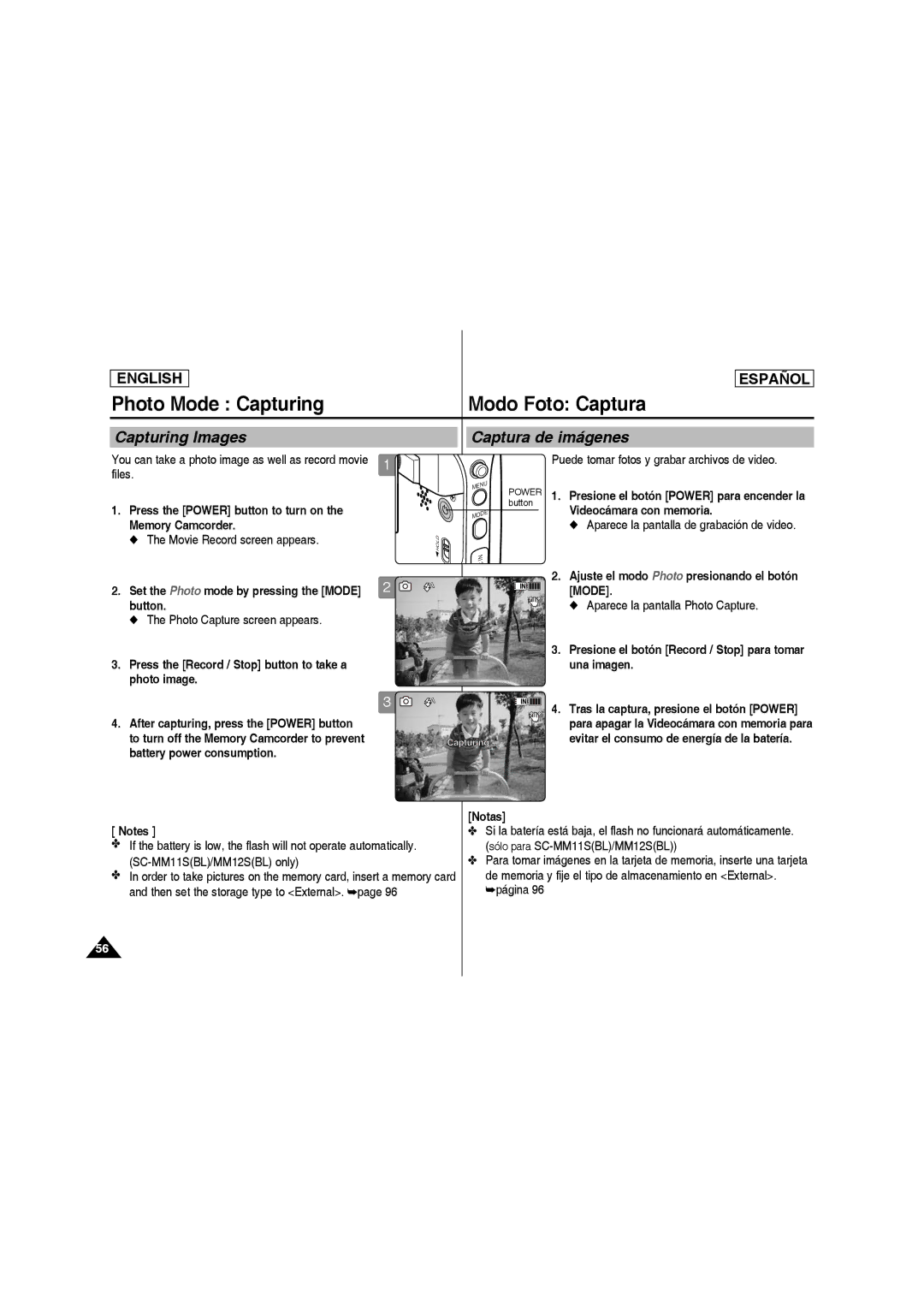 Samsung SC-MM10S manual Photo Mode Capturing, Capturing Images Captura de imágenes 