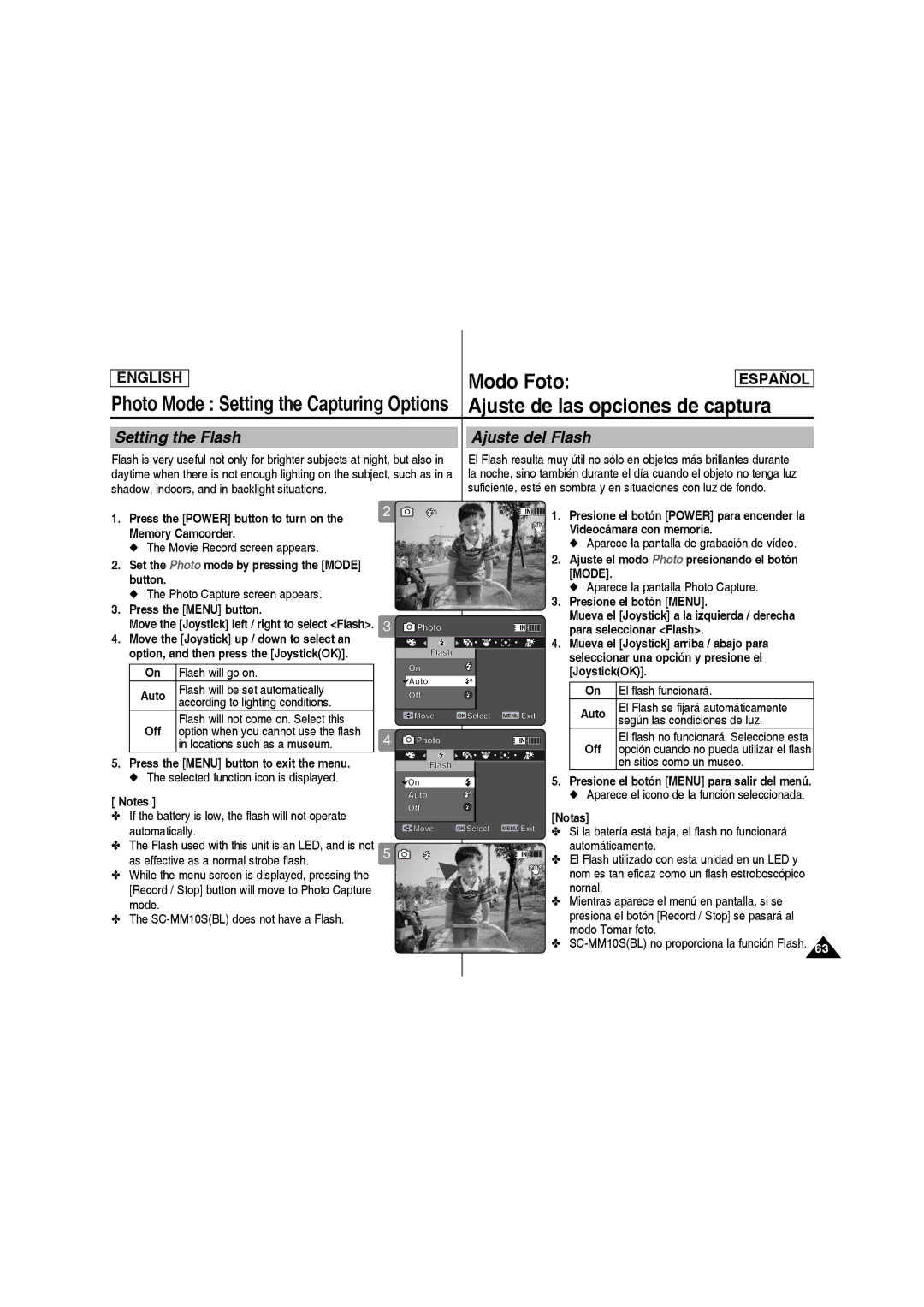 Samsung SC-MM10S manual Setting the Flash, Ajuste del Flash 