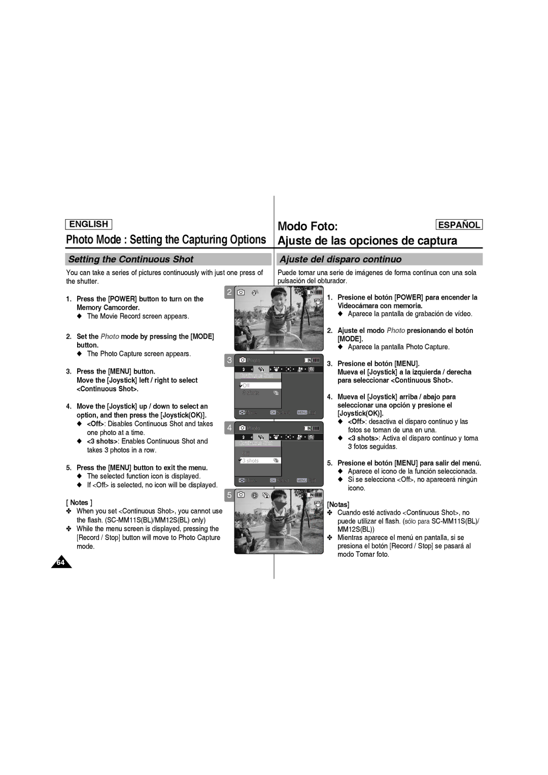 Samsung SC-MM10S manual Setting the Continuous Shot Ajuste del disparo continuo 