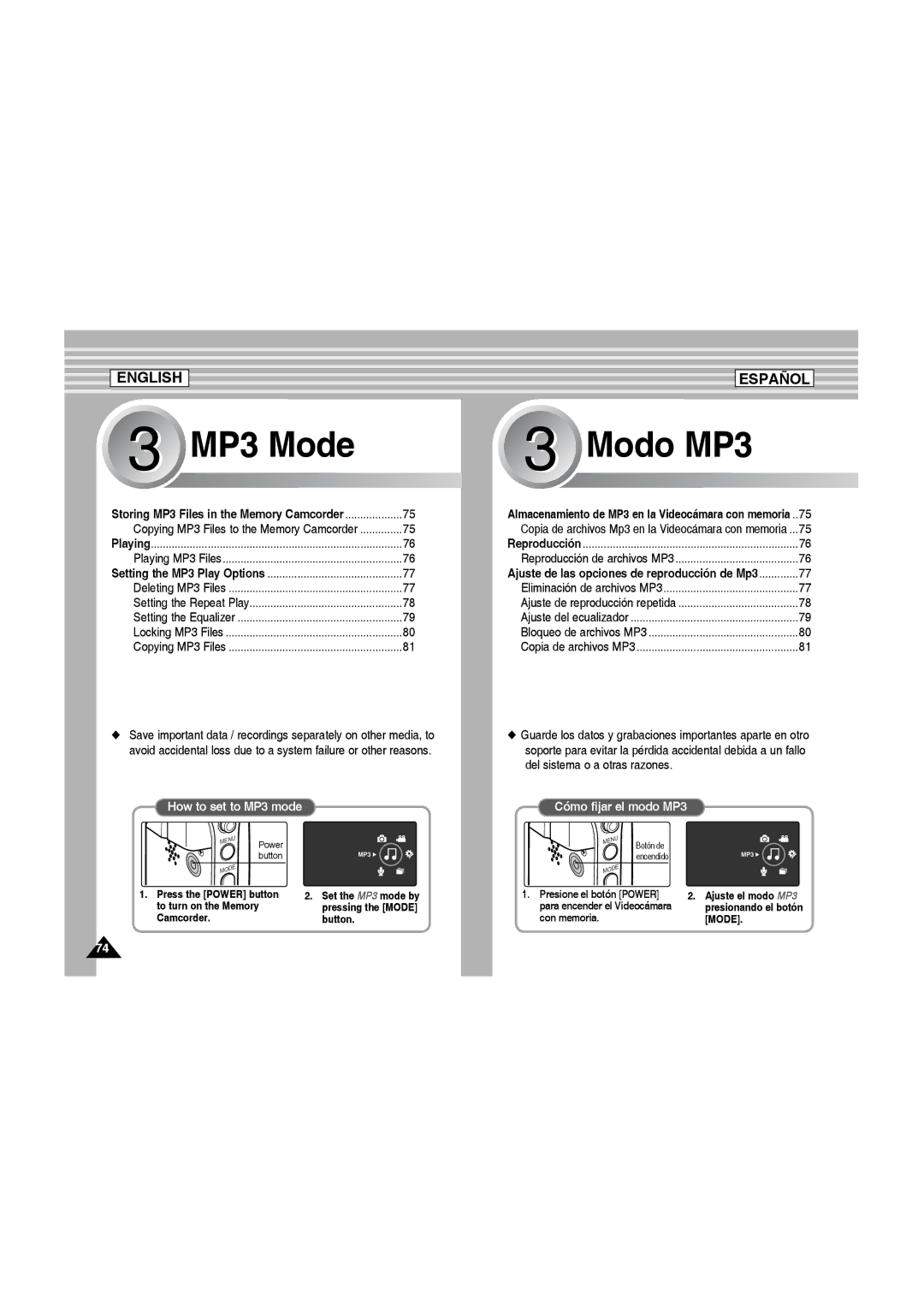 Samsung SC-MM10S manual Copying MP3 Files to the Memory Camcorder, Set the MP3 mode by pressing the Mode button 