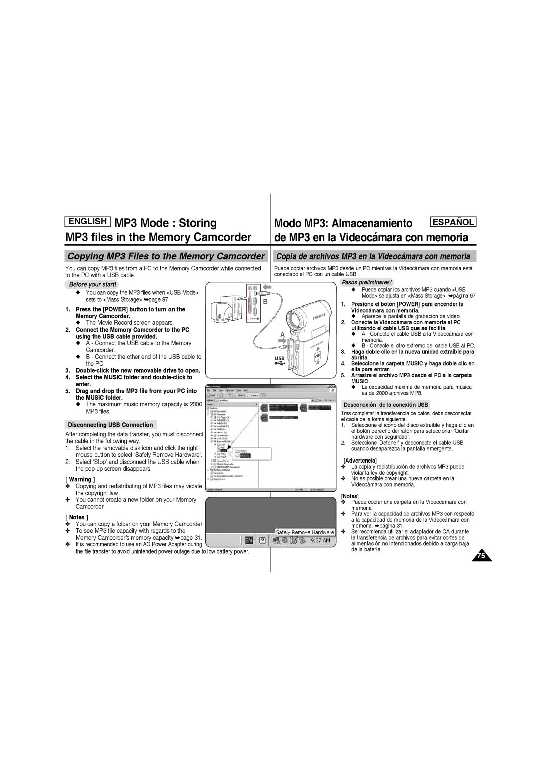 Samsung SC-MM10S MP3 Mode Storing Modo MP3 Almacenamiento, MP3 files in the Memory Camcorder, Disconnecting USB Connection 