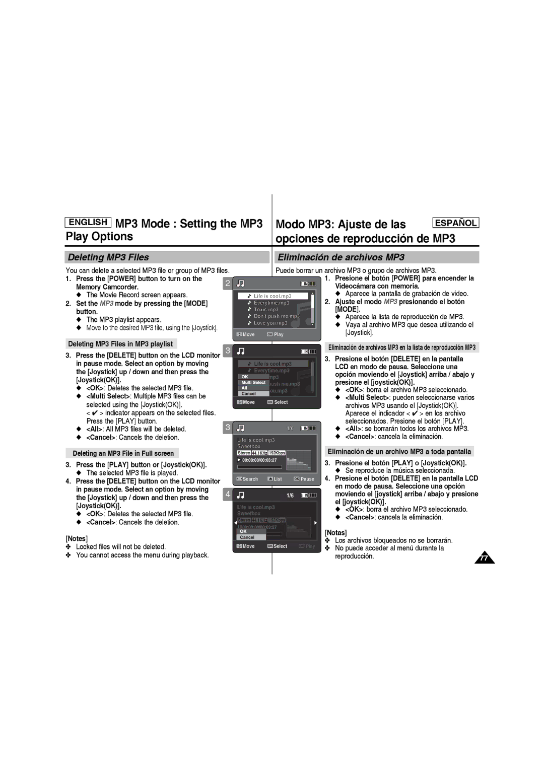 Samsung SC-MM10S manual MP3 Mode Setting the MP3 Modo MP3 Ajuste de las, Play Options Opciones de reproducción de MP3 