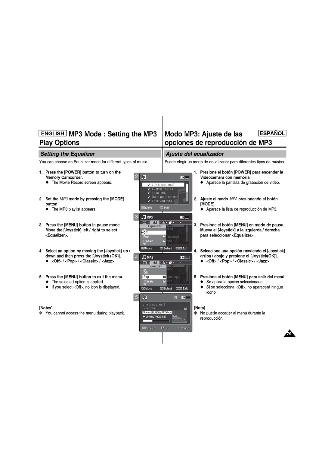 Samsung SC-MM10S Setting the Equalizer, Ajuste del ecualizador, Para seleccionar Equalizer, Off / Pop / Classic / Jazz 