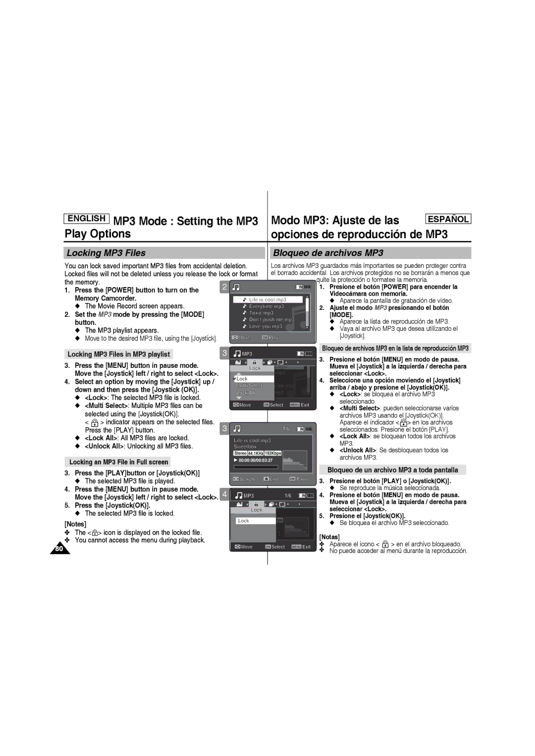 Samsung SC-MM10S manual Locking MP3 Files Bloqueo de archivos MP3 