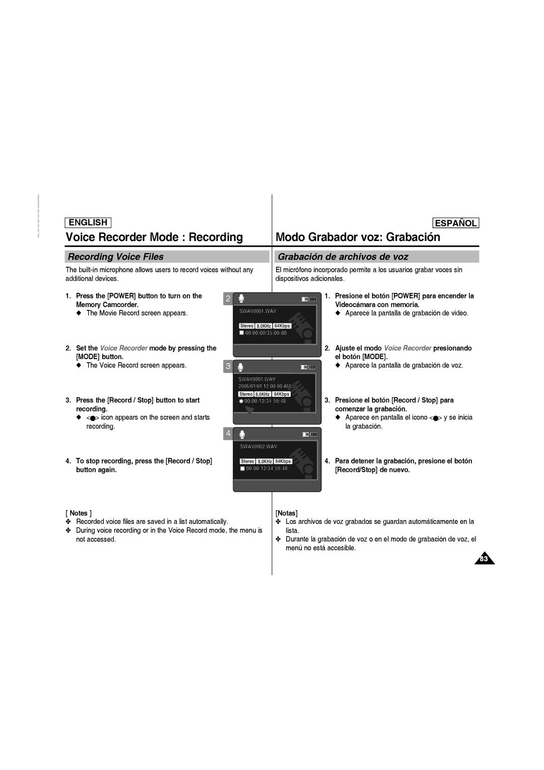 Samsung SC-MM10S manual Voice Recorder Mode Recording Modo Grabador voz Grabación 