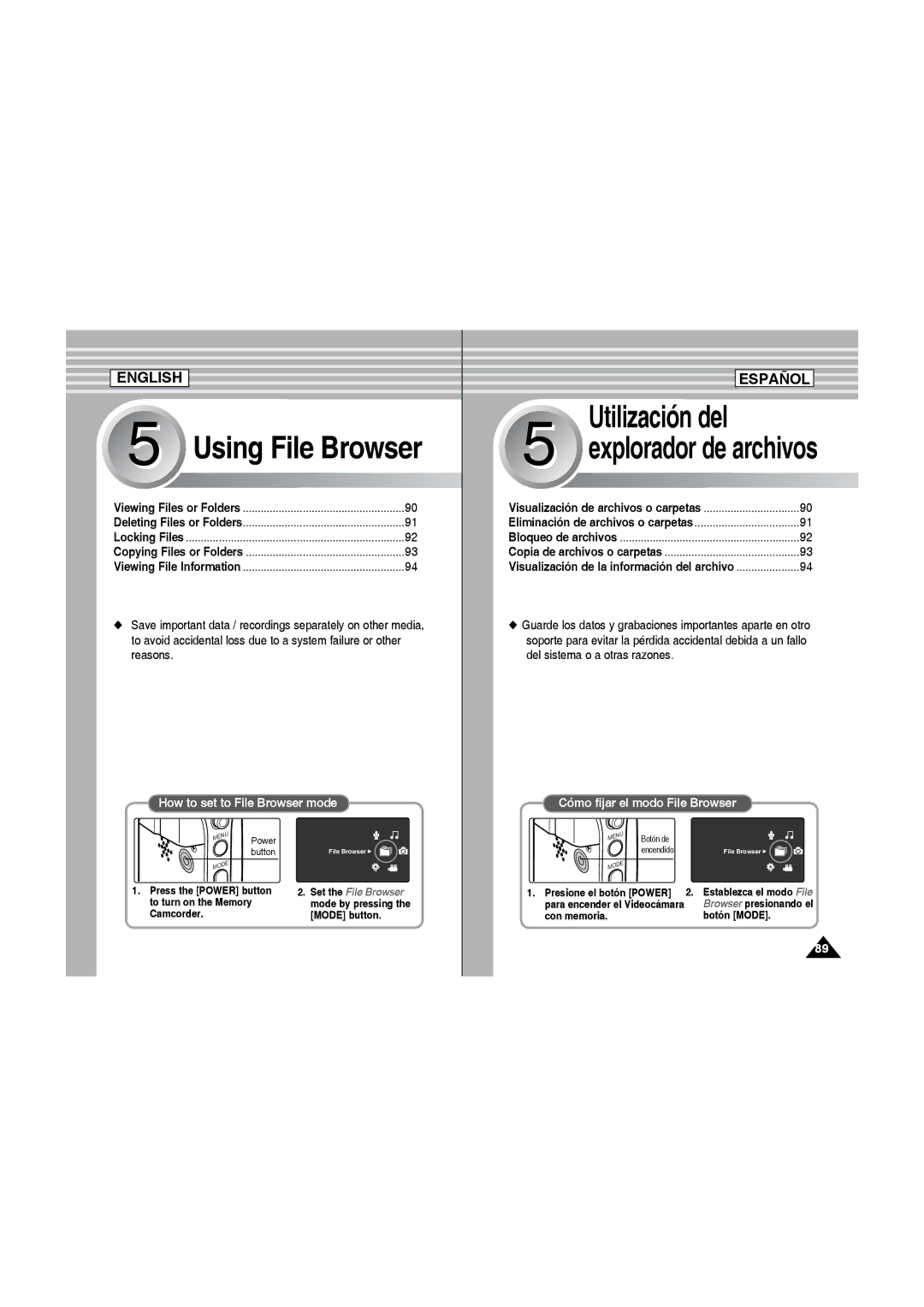 Samsung SC-MM10S manual Explorador de archivos, Con memoria Botón Mode, Establezca el modo File 