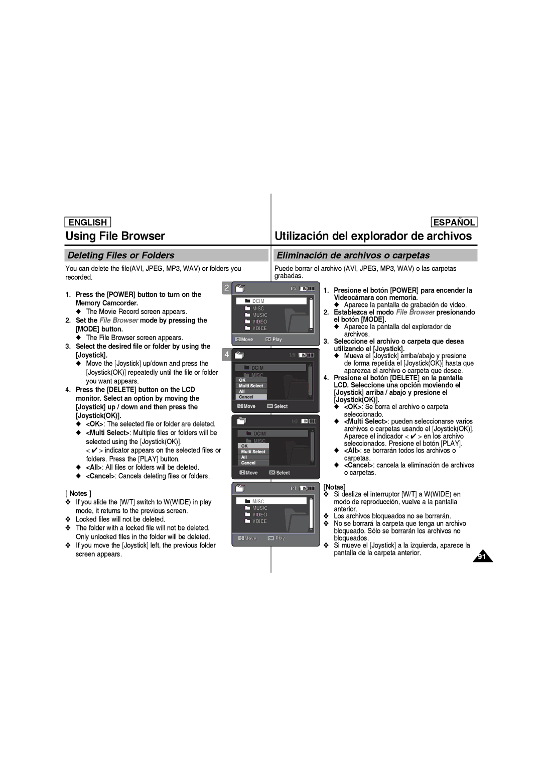 Samsung SC-MM10S manual Using File Browser Utilización del explorador de archivos, Videocámara con memoria Memory Camcorder 