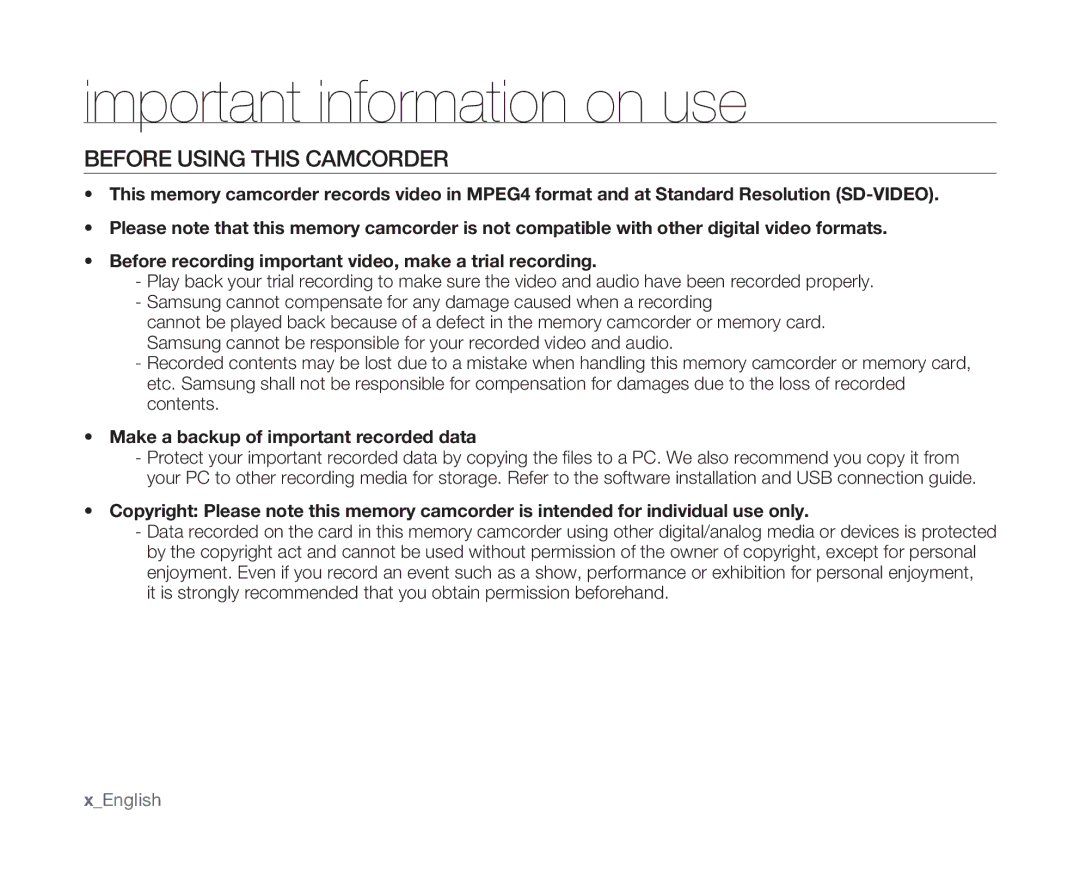 Samsung SC-MX10 Important information on use, Before Using this Camcorder, Make a backup of important recorded data 