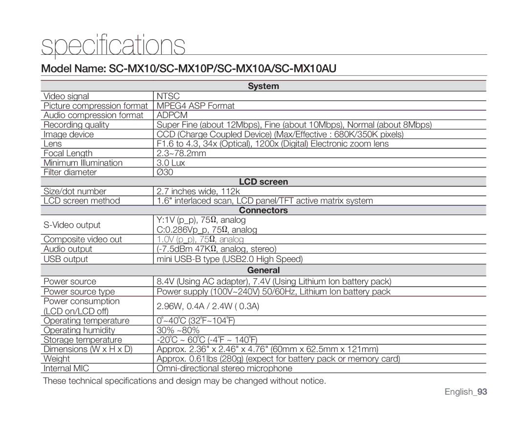 Samsung user manual Specifications, Model Name SC-MX10/SC-MX10p/SC-MX10a/SC-MX10AU, English93 