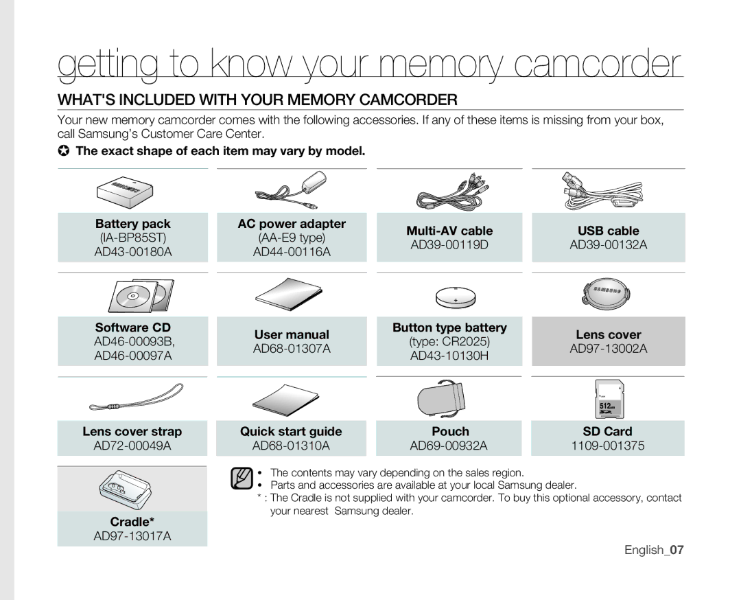 Samsung SC-MX10 user manual Whats Included with Your Memory Camcorder 