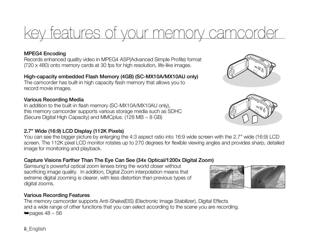 Samsung SC-MX10 user manual Key features of your memory camcorder, IiEnglish 