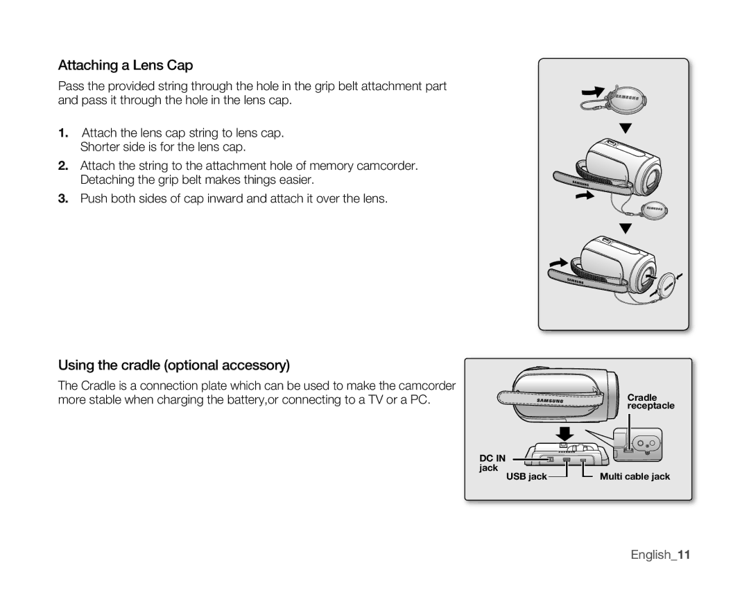 Samsung SC-MX10 user manual Attaching a Lens Cap, Using the cradle optional accessory, English11 