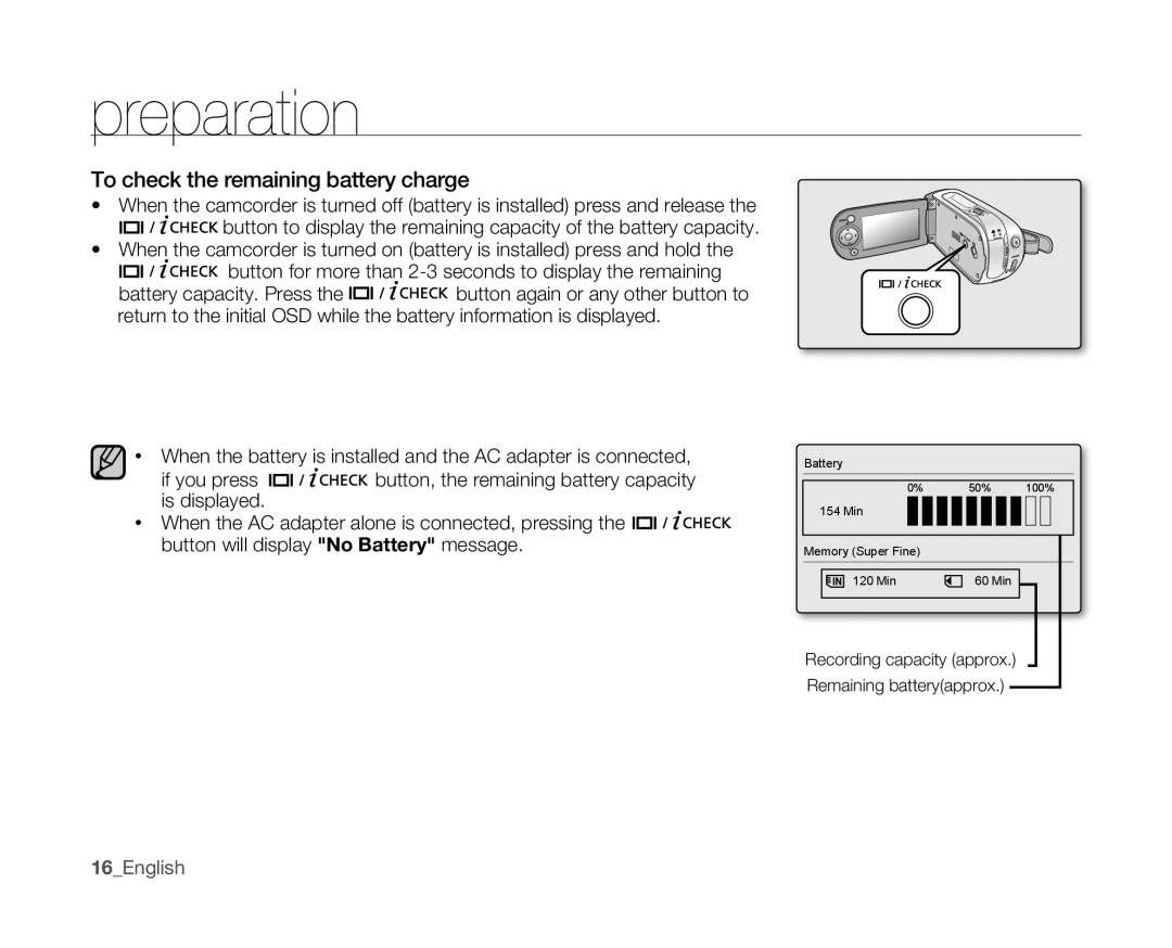 Samsung SC-MX10 user manual To check the remaining battery charge, 16English 